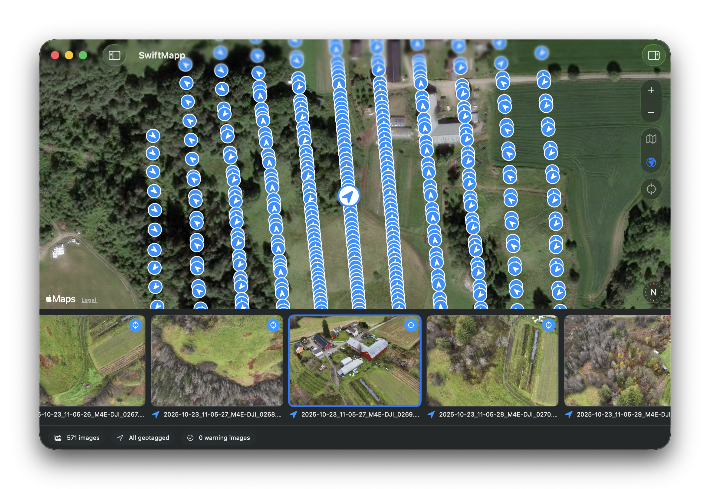 SwiftMapp on macOS, showing geotagged drone images across a survey site with an image filmstrip below.